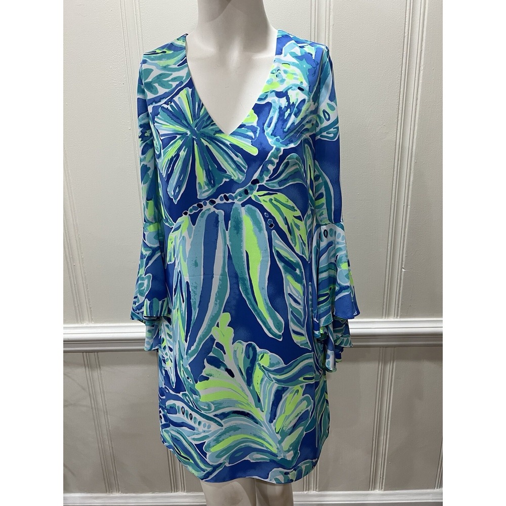 Lilly Pulitzer Rosalia Beckon Blue Palm Passage Flounce Sleeves Dress 0 NWT